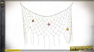 Decoración colgante en algodón, red de pesca decorativa con mariscos en resina, ambiente marinero, 100cm