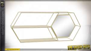 Estantería moderna en metal filamentado con acabado dorado mate, espejo hexagonal y dos niveles de almacenamiento, 60cm