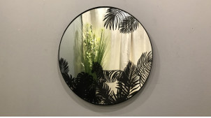 Espejo redondo en metal acabado negro con motivos impresos atmósfera tropicalo'chic, Ø40cm