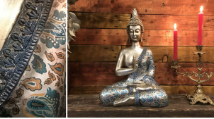 Representación de Buda en resina, acabado champán con ropa formal azul turquesa, 47cm