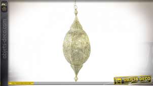 Lámpara colgante de metal estilo linterna oriental, acabado dorado blanqueado, forma ovoidal, 76cm