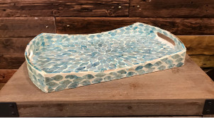 Bandeja decorativa refinada de bambú auténtico, acabado mosaico nacarado azul cielo, con asas, 45 cm