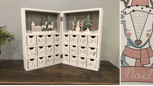 Calendario de Adviento en madera blanqueada, apertura de libro, recortes de renos y bosques, ambiente navideño, 42cm