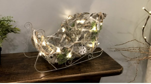 Trineo navideño de ratán con guirnalda LED incluida, acabado plateado brillante