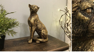 Estatuilla de leopardo sentado en resina, acabado oro viejo, altura final 26cm