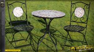 Muebles de jardín de hierro forjado y metal 1 mesa 2 sillas en negro y mosaico