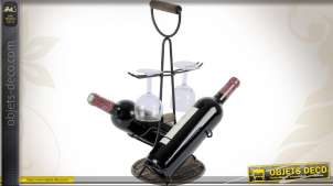 Porta botellas y portavasos en metal, madera y ratán, estilo rústico para dos botellas y dos vasos