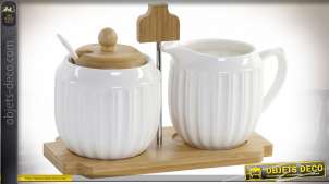 Accesorios para té con azucarero y jarra de leche de porcelana, con soporte de metal, en bambú natural, 13cm