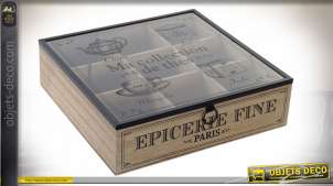 Caja de madera para infusión con ambiente retro de salón de té, tapa de cristal con inscripciones en negro carbón, 24cm