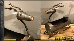 Jaridnière o cesta de presentación en metal tipo galvanizado, forma de ciervo, notas doradas y cobrizas, 33cm
