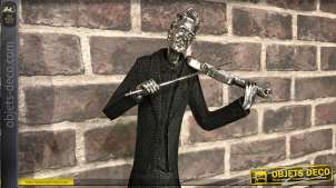 Estatuilla de resina de un violinista apasionado, efecto negro antiguo y plata vieja, altura final 47cm