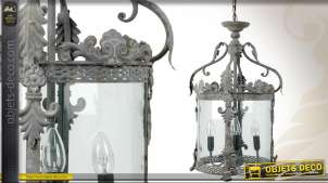 Linterna redonda de vidrio y metal gris antiguo 4 luces