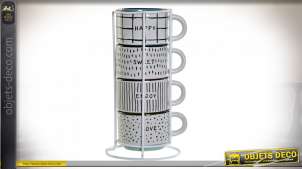 Juego de tazas de café de gres con soporte de metal negro, inscripciones frontales, ambiente moderno, 150ml