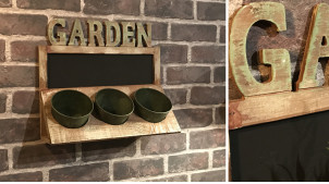 Jardinera de pared de madera con 3 macetas de metal, parte de pizarra para mensaje de tiza, acabado vintage, 35 cm
