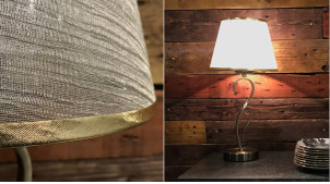 Lámpara de salón o de noche de metal bronce cobre y pantalla de tela blanca y dorada de 51 cm