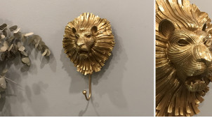 Gancho de pared en resina y metal con llamador de puerta estilo antiguo con cabeza de león estilizada, acabado dorado, 24cm