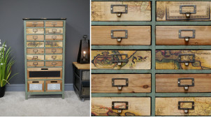Mueble auxiliar de madera de abeto estilo taller vintage, 17 cajones con estampados de cartas en los frentes, 108 cm