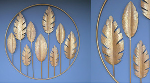 Gran decoración de pared redonda de metal, hojas circulares en acabado dorado brillante, marco muy calado, Ø81cm