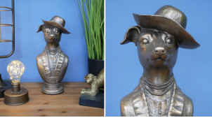 Representación de un perro en versión trofeo para posar en resina, efecto metal envejecido, 31cm