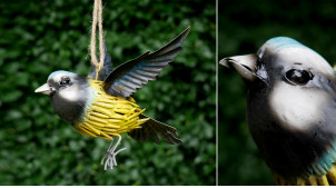 Pájaro de metal para colgar, en metal acabado amarillo y azul envejecido, ambiente campestre, 17cm