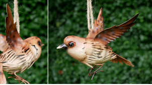 Pájaro de metal para colgar, en metal acabado marrón crema, ambiente campestre, 17cm