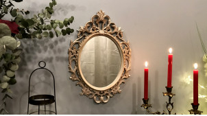 Espejo de pared ovalado de estilo barroco, ambiente de tocador clásico antiguo, acabado crema efecto antiguo, 53cm