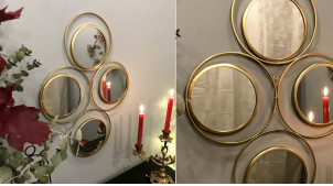 Espejo de pared de estilo moderno, en metal acabado dorado cepillado, círculos y atmósfera geométrica, 64cm