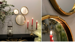 Serie de tres espejos redondos con marcos de efecto bambú, acabado dorado, ambiente moderno y chic, Ø30cm
