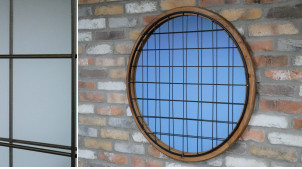 Espejo de pared redondo grande en madera y metal, acabado crudo y negro carbón, atmósfera de ojo de buey de barco, Ø82cm