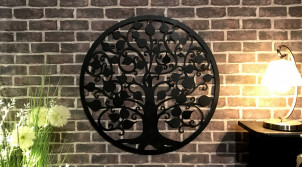 Azufaifo, gran decoración del árbol de la vida en forma de disco redondo, en metal acabado negro carbón, colección DMJ, Ø82cm