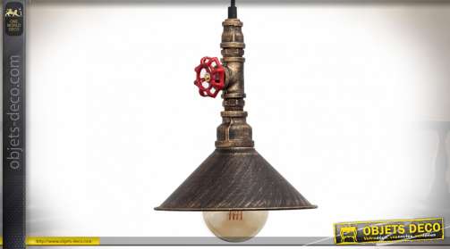 Lámpara colgante industrial efecto tubería y válvula industrial oro cobre y negro 27 cm