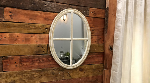Espejo de pared ovalado de madera, acabado blanqueado, ambiente de campo antiguo, 60 cm