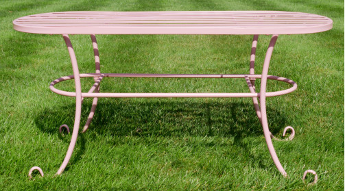 Mesa de centro de jardín ovalada en espíritu de hierro forjado, acabado rosa ciruela azucarada, ambiente suave y elegante, 100 cm