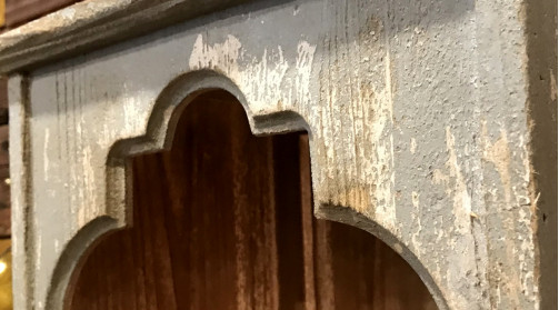 Espejo de pared para vela, en forma de puerta de estilo oriental, acabado madera envejecida gris azulado, 45cm