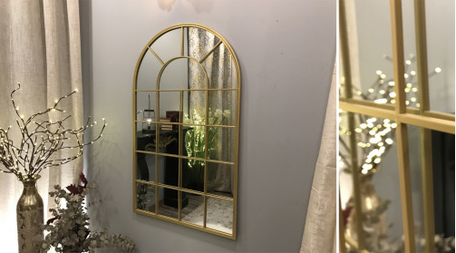 Espejo ventana con forma de espejo, de metal dorado 110 cm