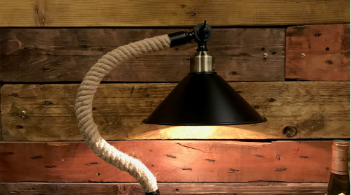 Lámpara de escritorio en metal negro y cuerda de cáñamo trenzada 50 cm