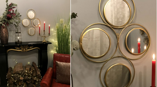 Espejo de pared de estilo moderno, en metal acabado dorado cepillado, círculos y atmósfera geométrica, 64cm