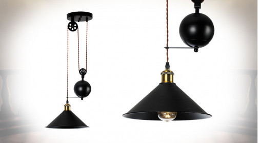 Lámpara colgante de metal acabado negro antracita, ambiente industrial con poleas y contrapeso, Ø30cm