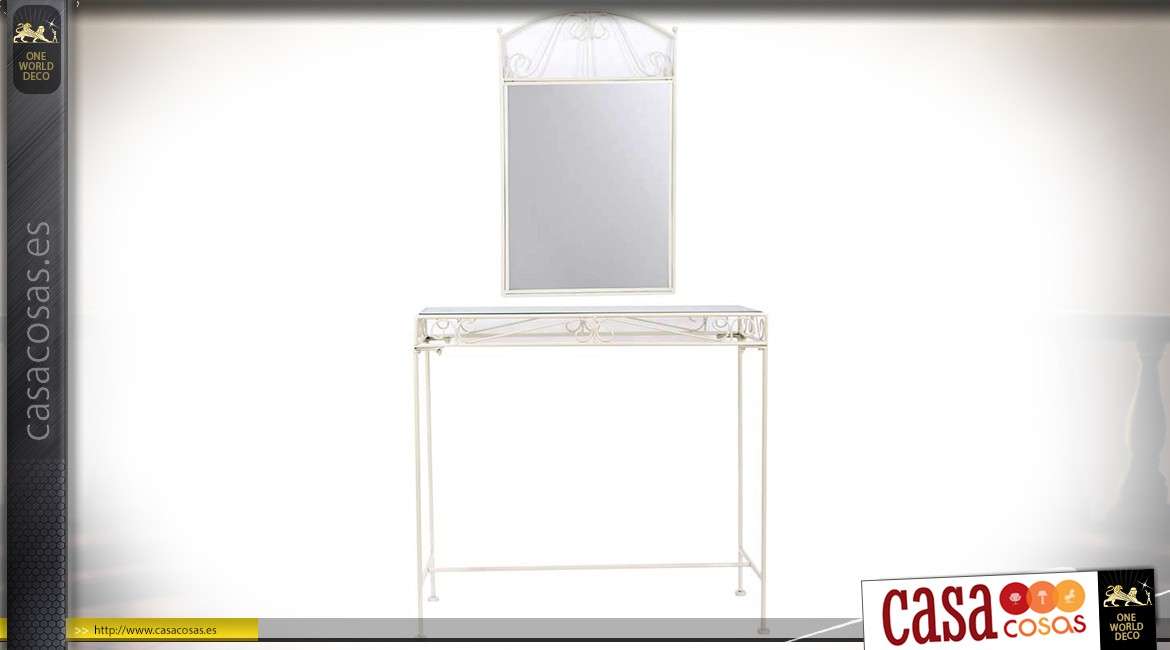 Mesa feminina con espejo a juego en metal blanco envejecido imitación de hierro forjado