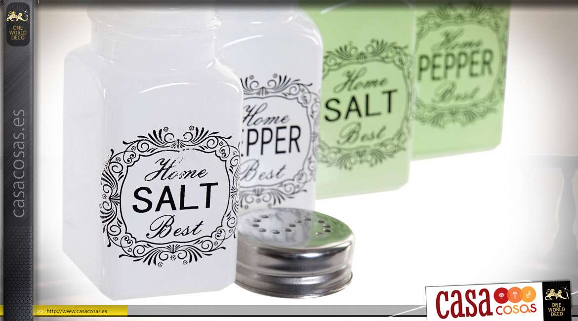 Serie de dos juegos de sal y pimienta en acabado blanco y verde, accesorios de cocina o barra, en cristal, 9cm