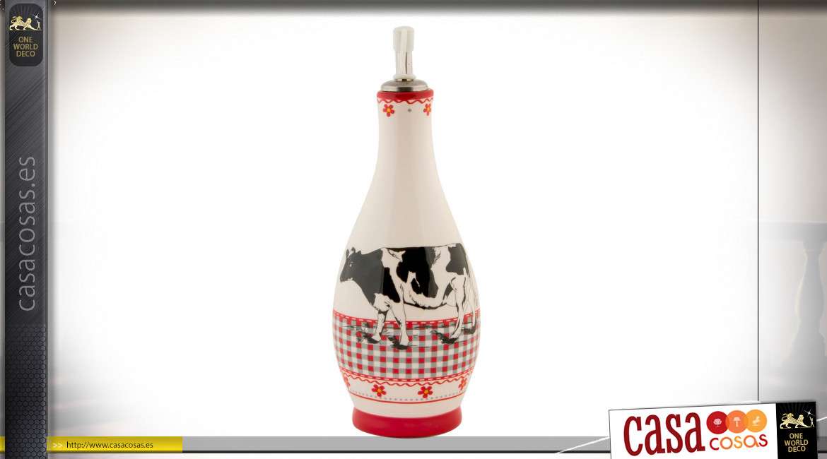 Vinagrera de cerámica blanca con motivos de vacas y azulejos Vichy rojos y blancos, estilo campestre, 24cm