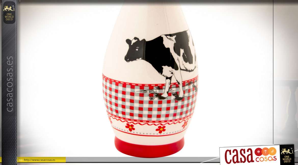 Vinagrera de cerámica blanca con motivos de vacas y azulejos Vichy rojos y blancos, estilo campestre, 24cm