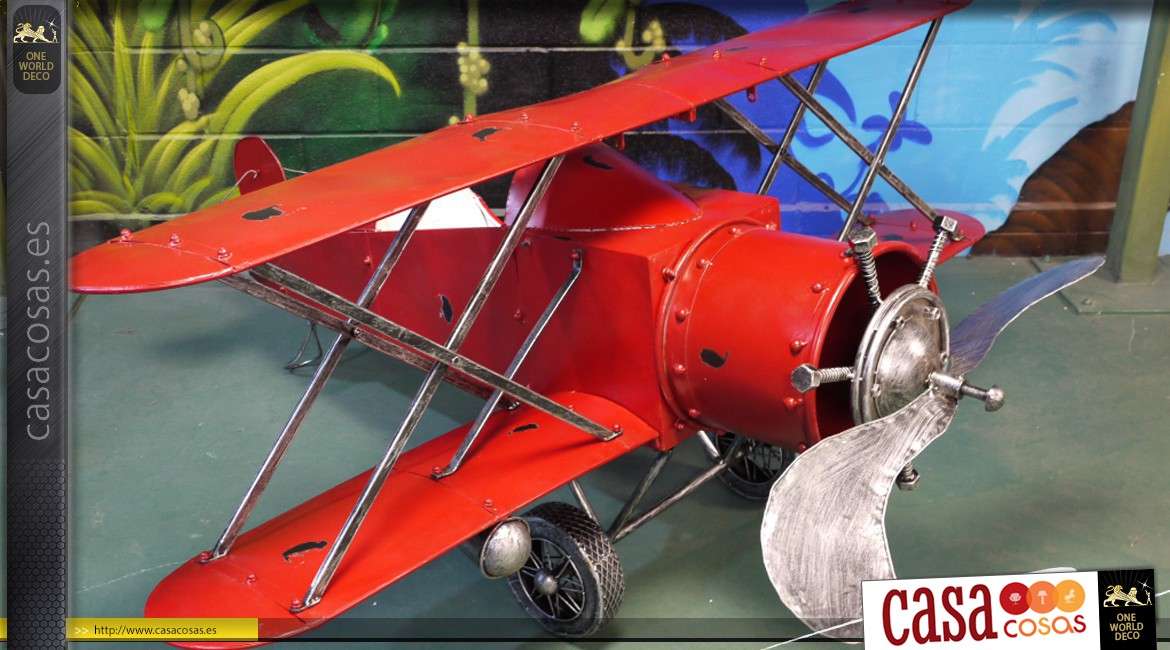 Avión decorativo biplano de metal rojo (2 metros)