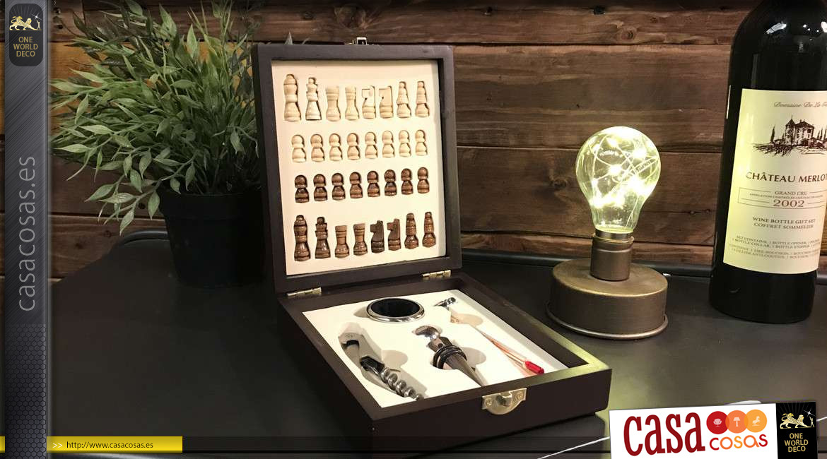Caja de 4 accesorios de vino con marquetería de ajedrez y piezas, espíritu de descubrimiento y juego, 15cm