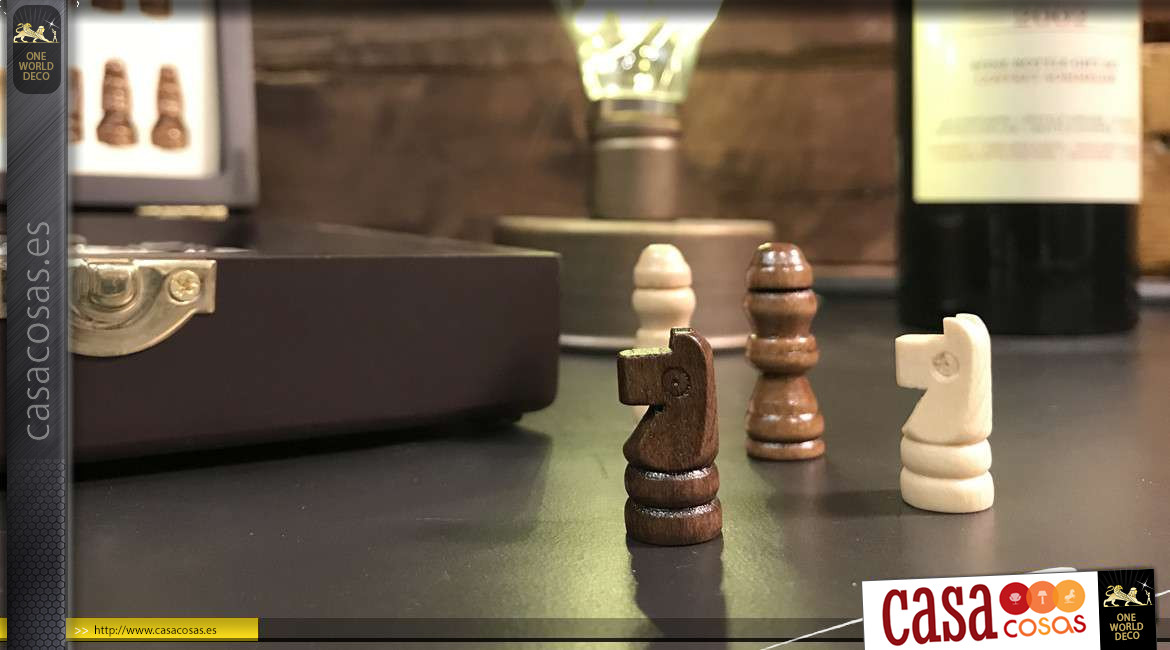 Caja de 4 accesorios de vino con marquetería de ajedrez y piezas, espíritu de descubrimiento y juego, 15cm
