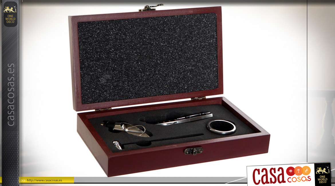 Caja de madera con accesorios para vino de acero inoxidable, ambiente de bodega, 40cm