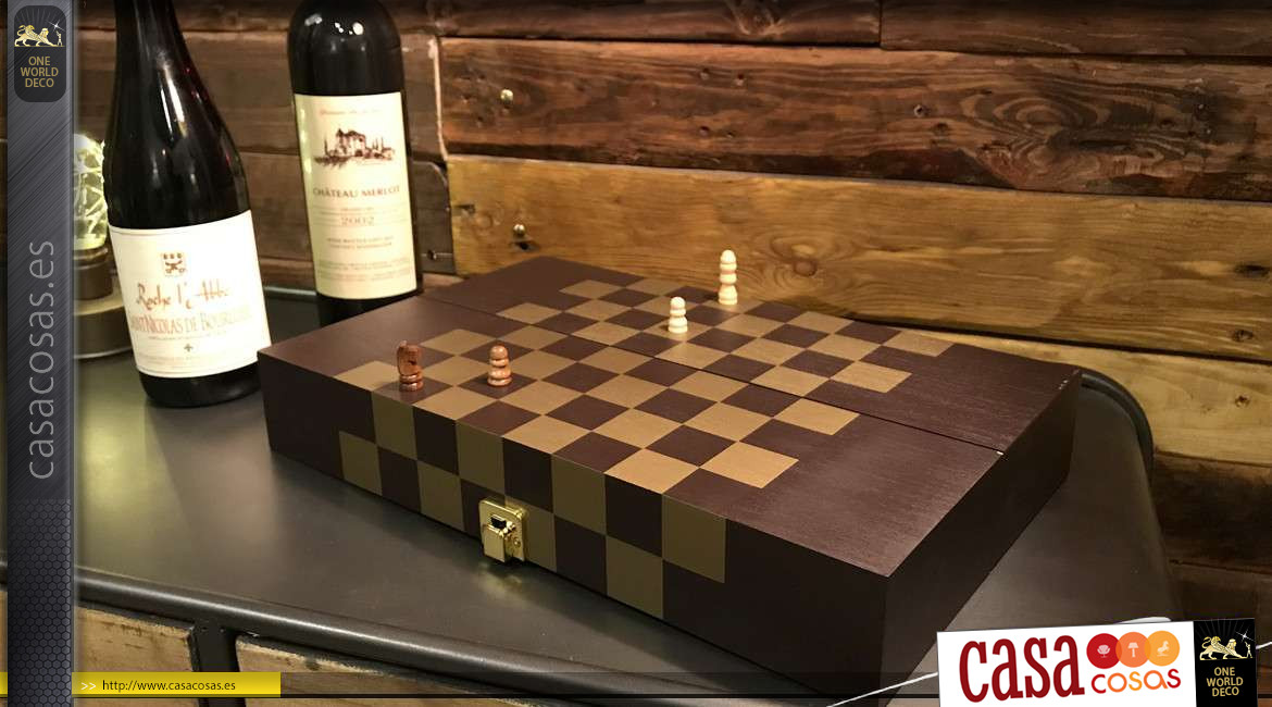 Caja de vino de madera para una botella, aspecto de madera exótica con marquetería de ajedrez, 36cm