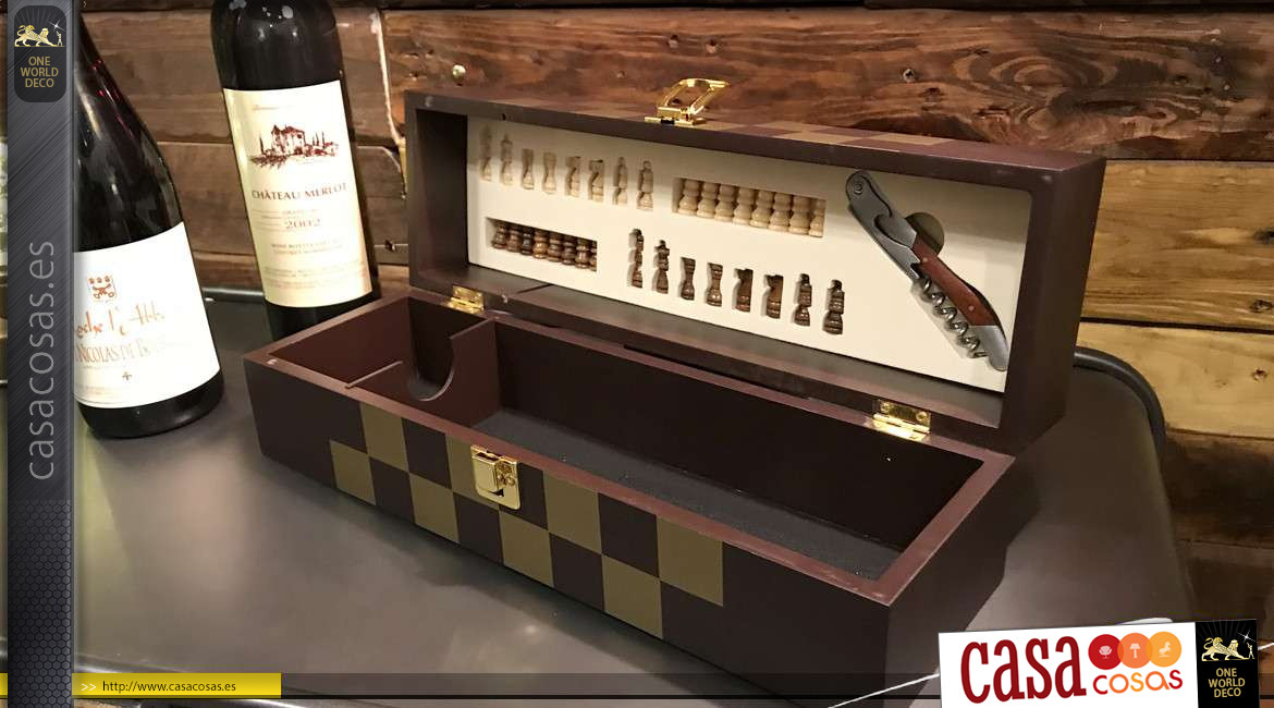 Caja de vino de madera para una botella, aspecto de madera exótica con marquetería de ajedrez, 36cm