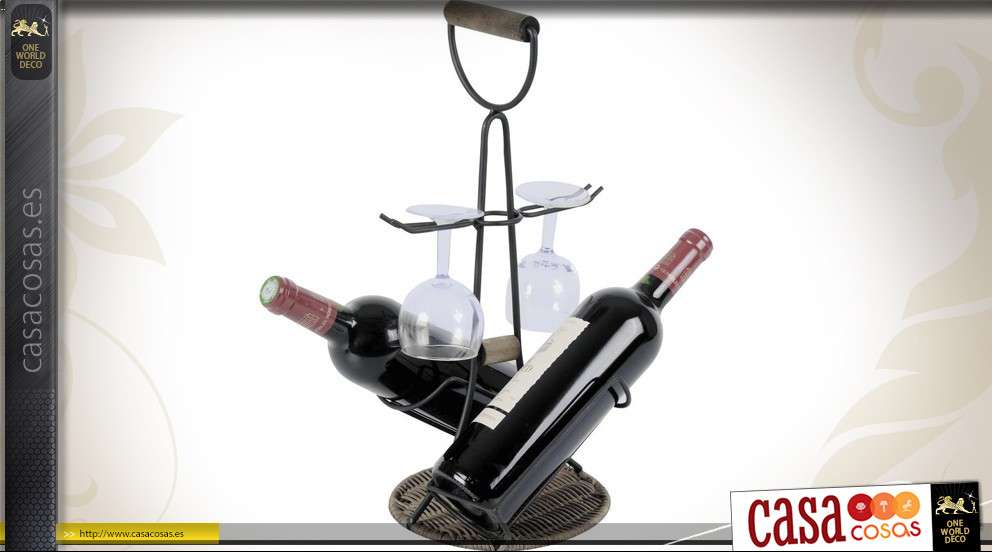 Porta botellas y portavasos en metal, madera y ratán, estilo rústico para dos botellas y dos vasos