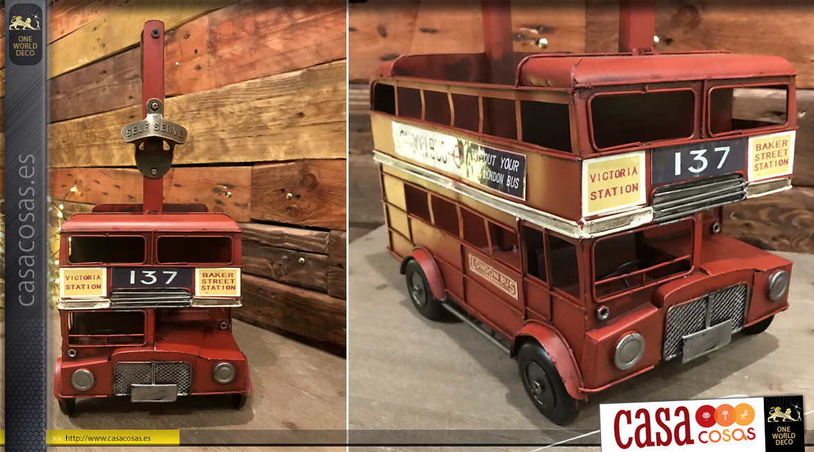 Portabotellas metálico con forma de autobús turístico inglés, acabado rojo antiguo y asa de madera, 37cm